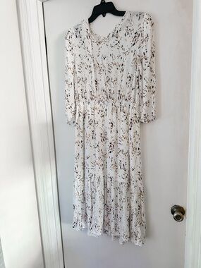 A New Day Midi Dress White Abstract Print Tie Waist, Size M